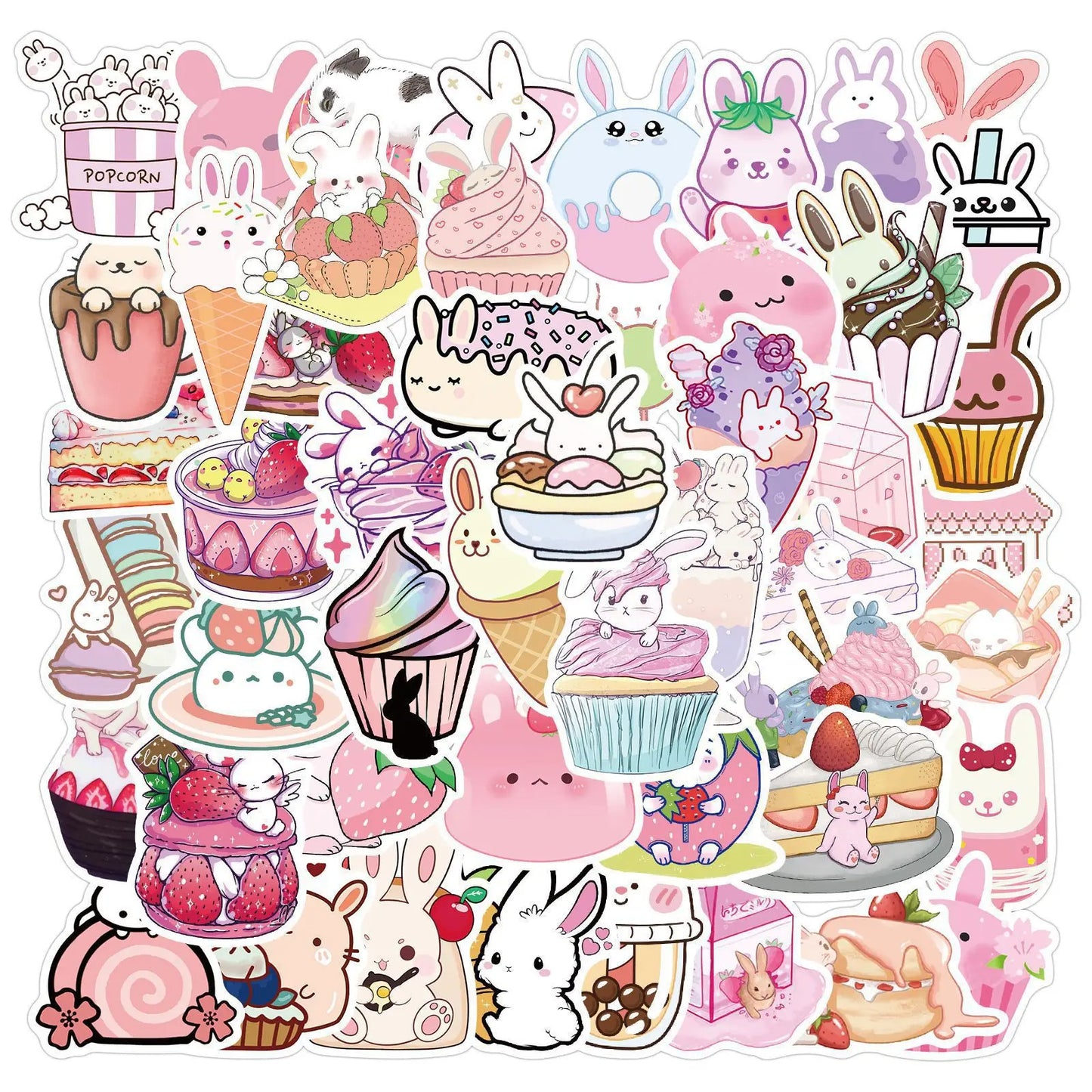 50PCS Pink Dessert Rabbit Stickers Cartoon Graffiti Cute Notebook Water Cup Body Helmet Decoration Stickers