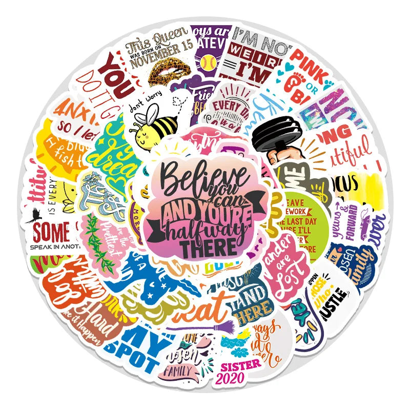 50 pieces of inspiring English motto doodle stickers, personalized DIY luggage, laptop, car and motorcycle decoration stickers, toys