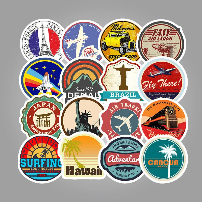 50PCS New Retro Fashion Travel Travel Stickers Skateboard Notebook Car Trolley Suitcase Waterproof Stickers