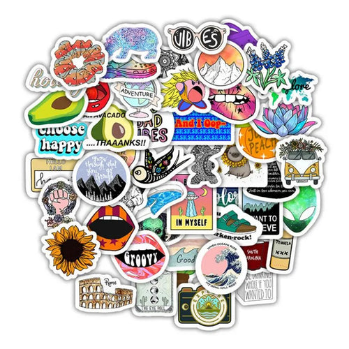 50PCS Creative Colorful Scenery Fresh And Cute Cartoon Graffiti Waterproof Skateboard Cup Decoration Stickers