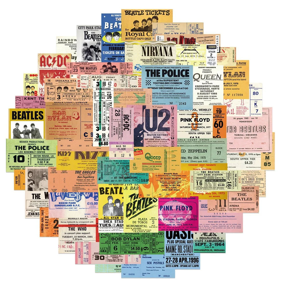50PCS Band Retro Ticket Graffiti Sticker Personalized Decoration Luggage Water Cup Guitar Waterproof Sticker