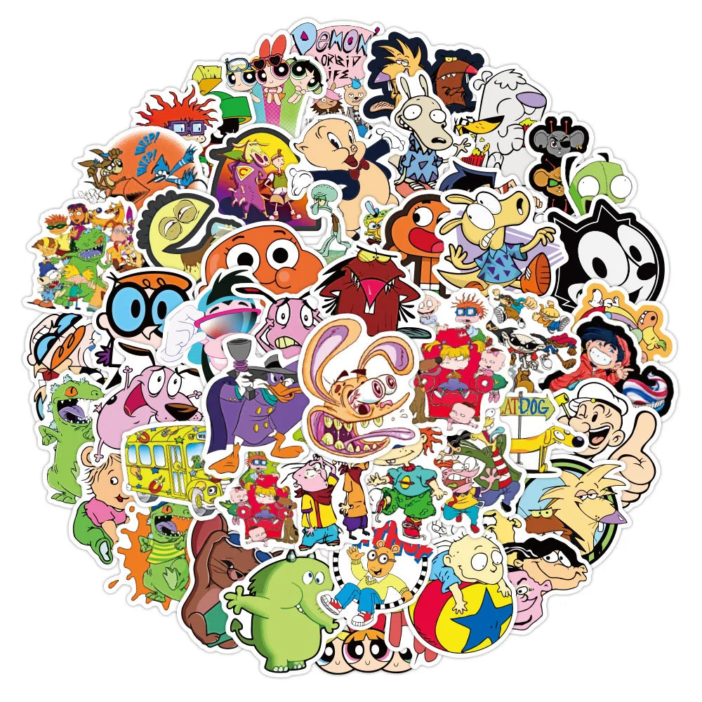 50pcs Classic 90s Cartoon Doodle Waterproof Skateboard Travel Suitcar Phone Laptop Luggage Cute Sticker
