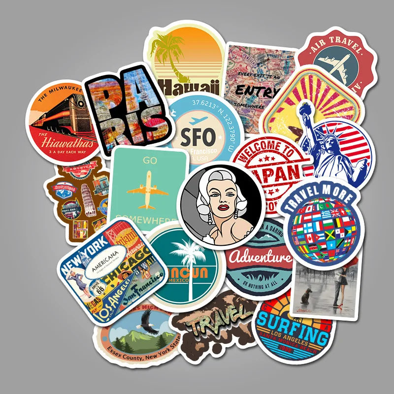 50PCS New Retro Fashion Travel Travel Stickers Skateboard Notebook Car Trolley Suitcase Waterproof Stickers