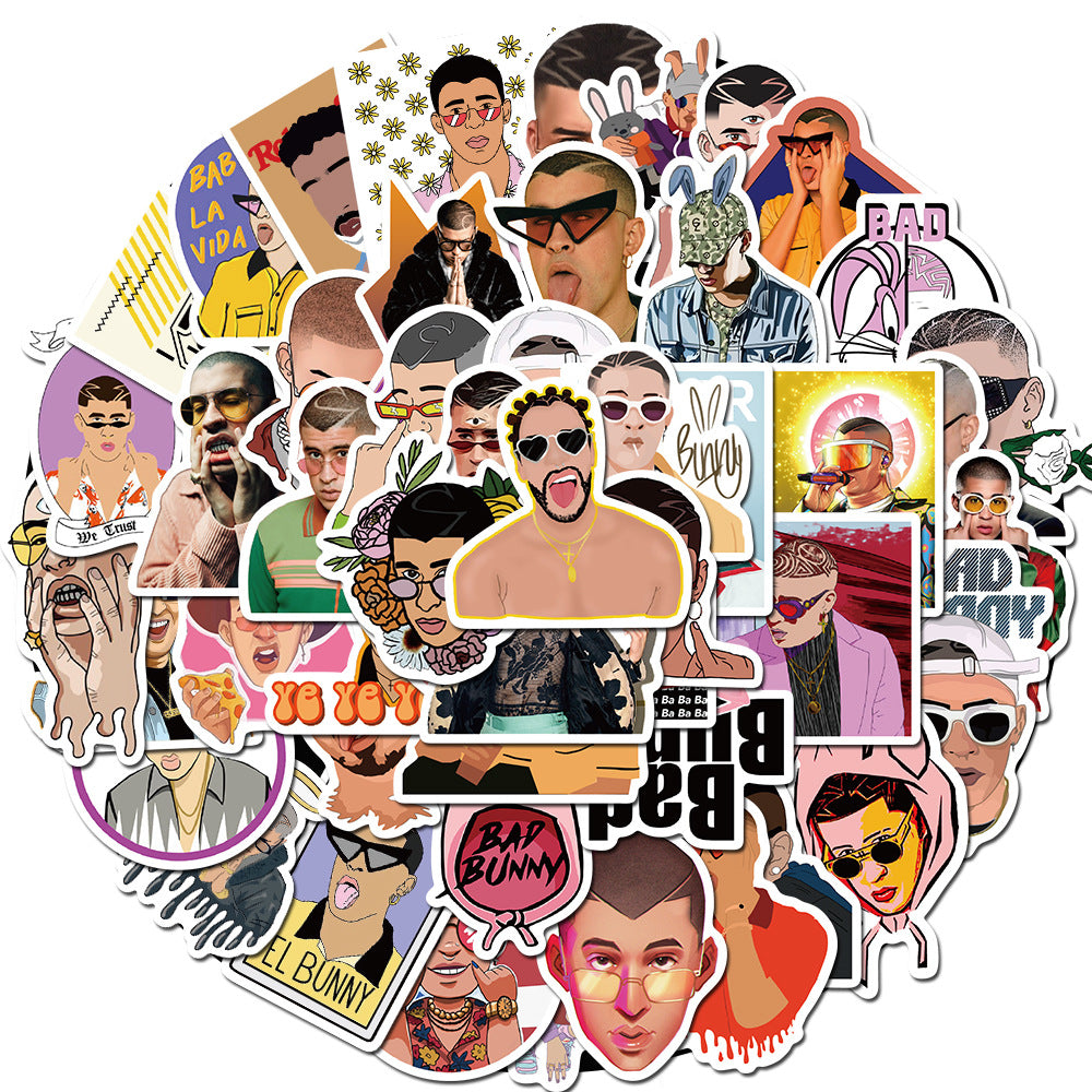 50PCS Bad Bunny Puerto Rico Inspired Stickers - Latin Trap & Reggaetón Icon Doodle Decals for Music Festival Logs, Concert Memory Journals, Latinx Pride Projects & Urbano Culture Art Collages