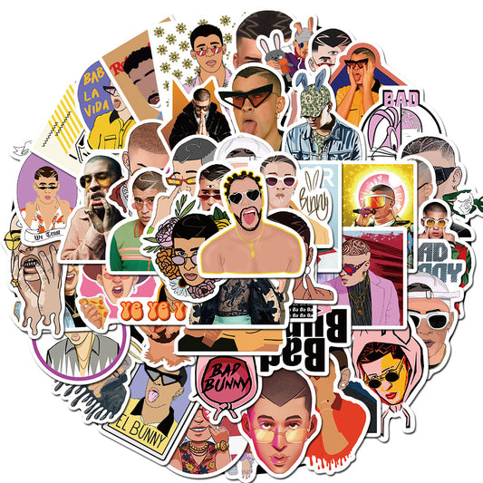 50PCS Bad Bunny Puerto Rico Inspired Stickers - Latin Trap & Reggaetón Icon Doodle Decals for Music Festival Logs, Concert Memory Journals, Latinx Pride Projects & Urbano Culture Art Collages