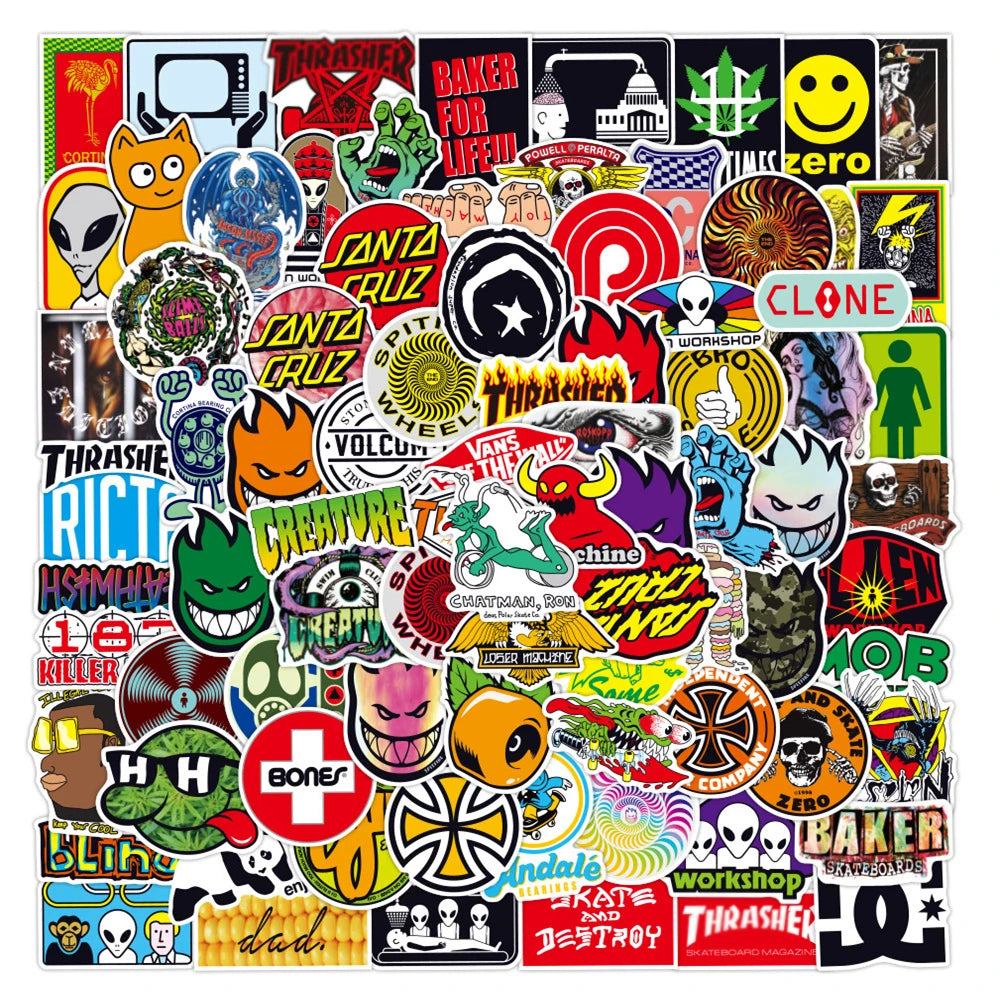 100PCS Skateboard Tide Brand Cool Sticker Notebook Trolley Case Bike Scooter Water Cup Waterproof Sticker