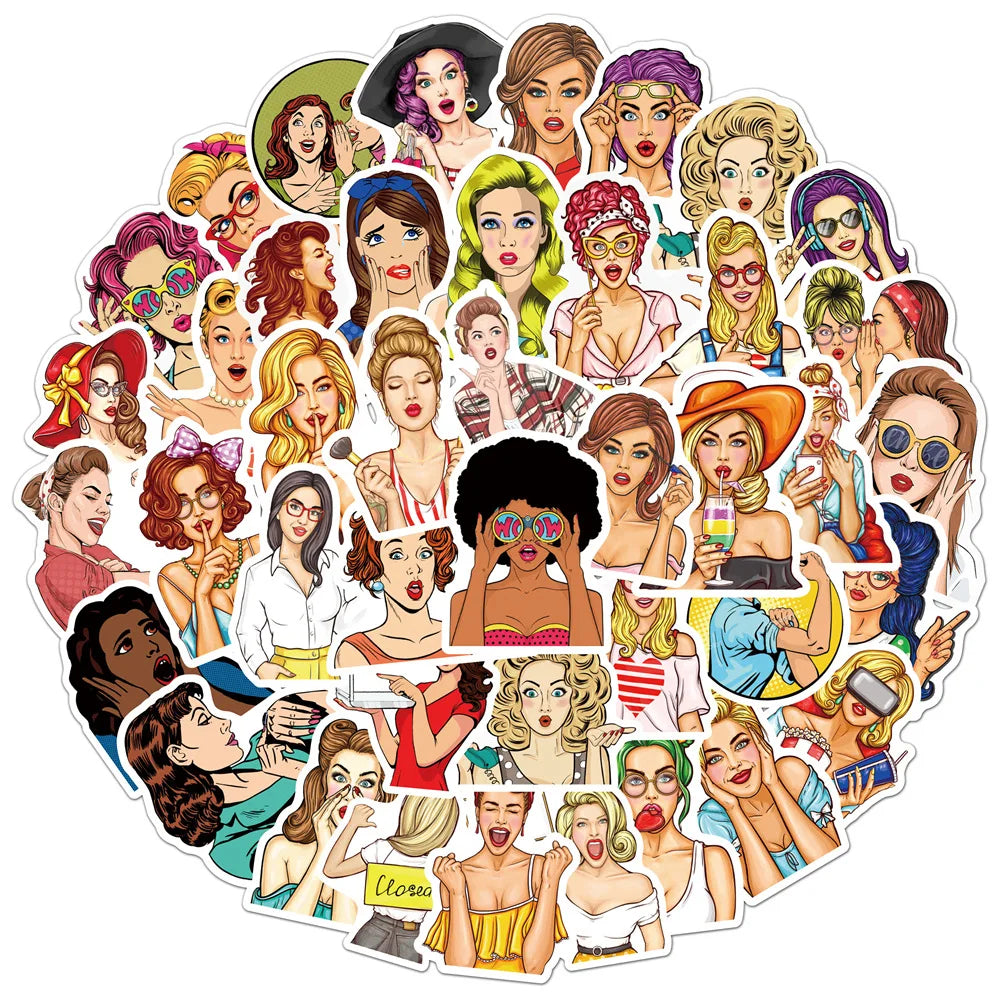 50PCS Pop Fashion Girl PVC Graffiti Sticker European and American Personality Luggage Car Trolley Guitar Sticker