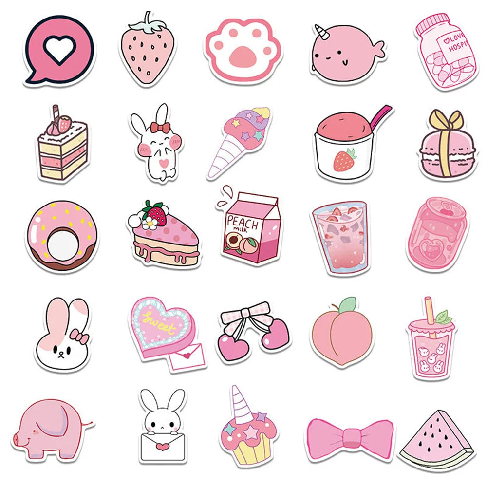 50PCS New Cartoon Pink Girl Cute Graffiti Waterproof Sticker Suitcase Notebook Refrigerator Stationery Box Helmet
