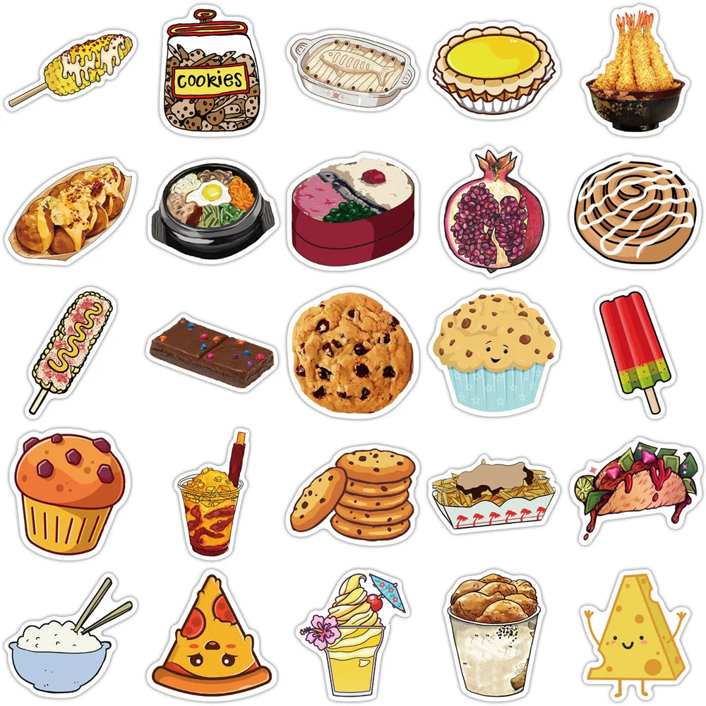 50PCS Food Gourmet Cartoon Sticker PVC Graffiti Luggage Box Water Cup Helmet Decoration Sticker