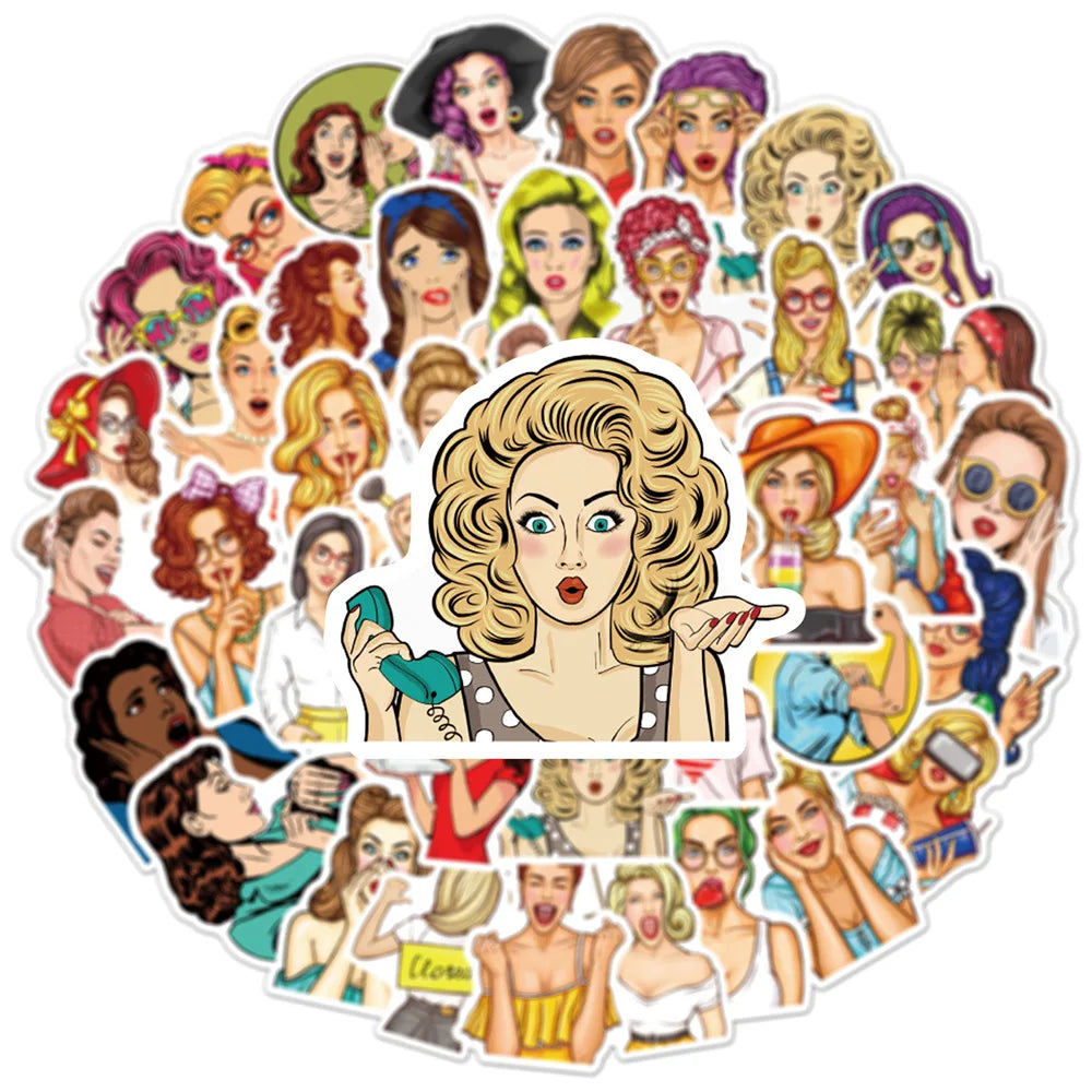 50PCS Pop Fashion Girl PVC Graffiti Sticker European and American Personality Luggage Car Trolley Guitar Sticker