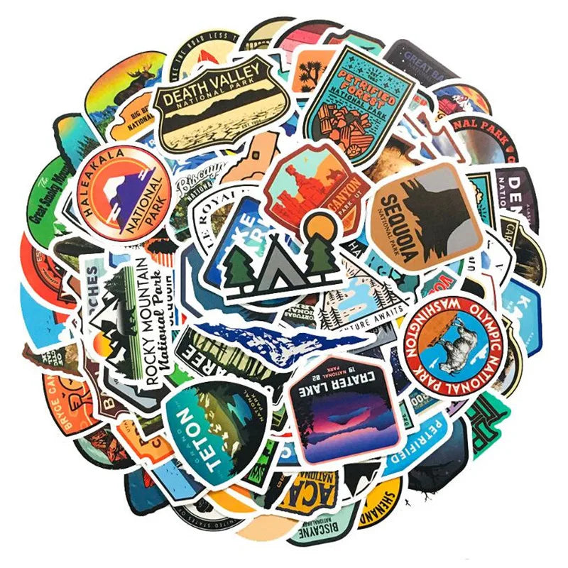 100PCS Pack Classic Cartoon Park USA Camping Outdoor Adventure Graffiti Series Decorative Style Graffiti Stickers Personalised Fashion Creative DIY Exquisite Decorative Decals Mugs Helmets Skateboards Popular Stickers Toys