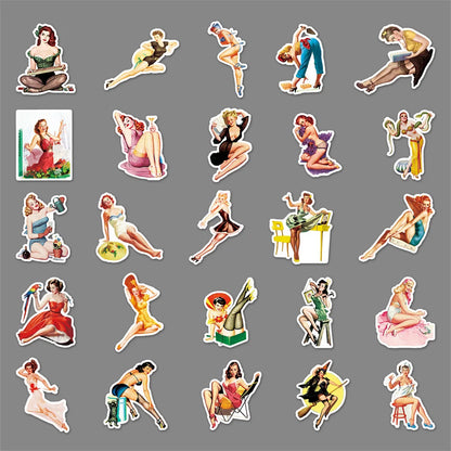 50PCS Cartoon Retro Girl Suitcase Beautiful Graffiti Suitcase Stationery Laptop Skateboard Waterproof  Sticker