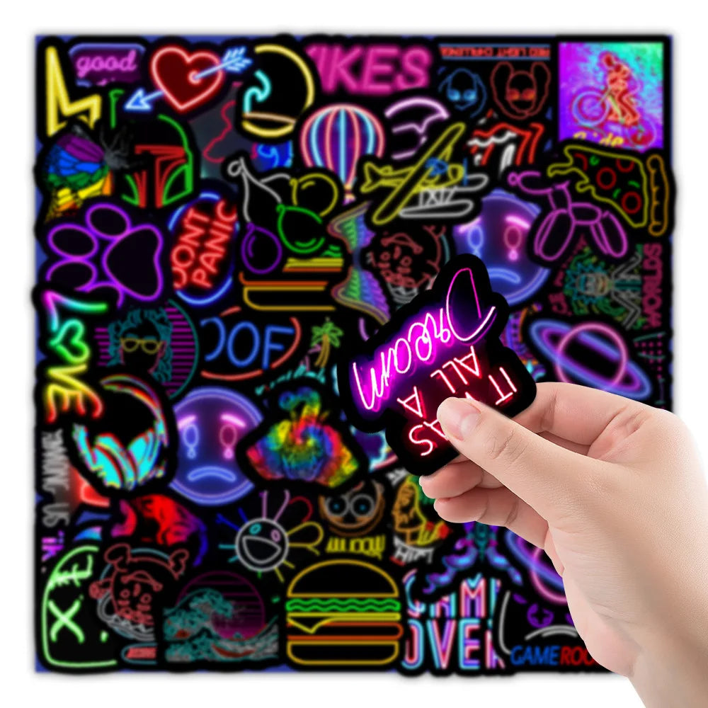50 pieces of fresh and light neon graffiti stickers, personalized DIY car trunk phone cases, water cups, laptop decorative waterproof stickers toys