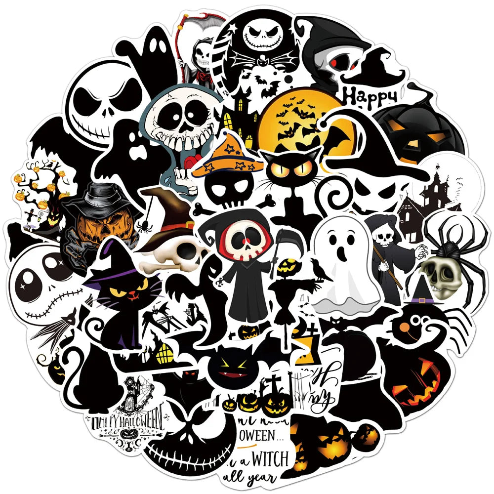 50PCS Sheet Art Illustration Popular Creative Cartoon Halloween Ghost Bat Decoration Style Graffiti Stickers Personality Fashion Creative Trend DIY Exquisite Decorative Decals for Cups, Helmets, Skateboards Popular Stickers Toys