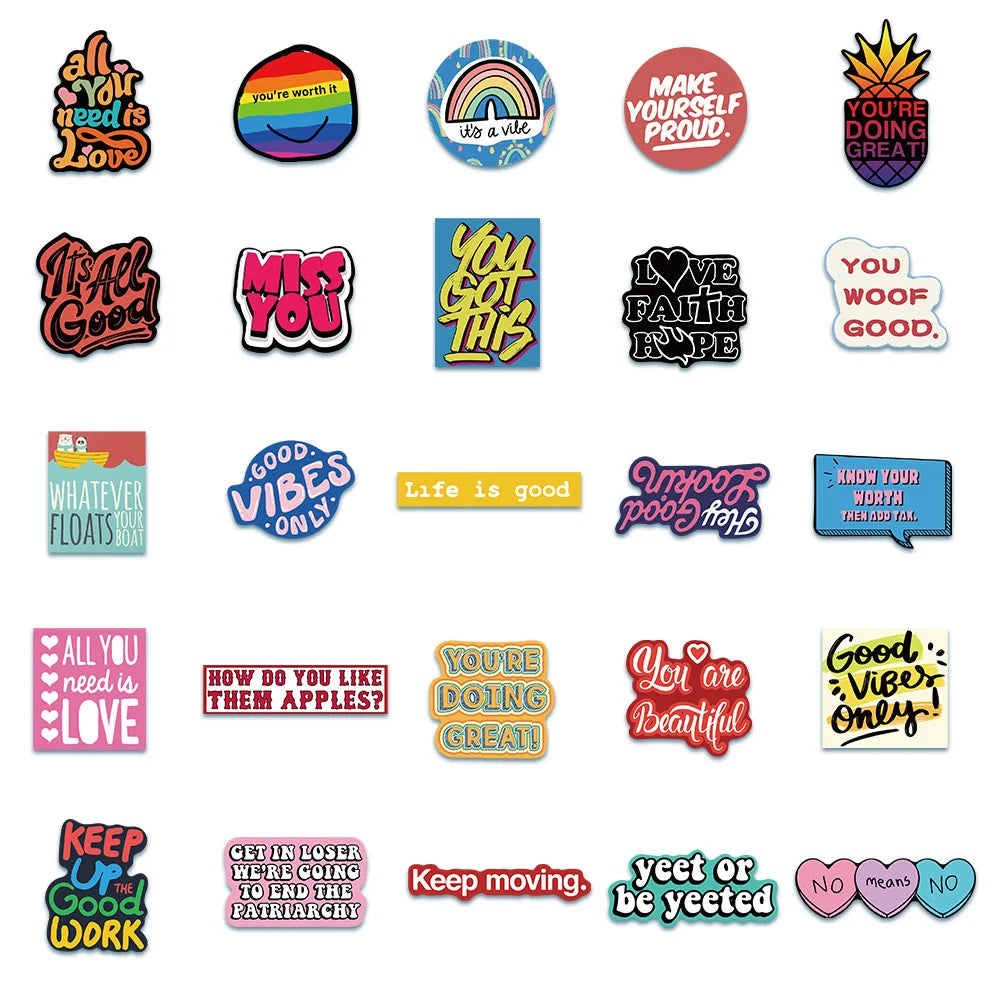 50PCS Cartoon Inspirational English Phrase Sticker Suitcase Notebook Handbook Sticker Cartoon Decorative Toy