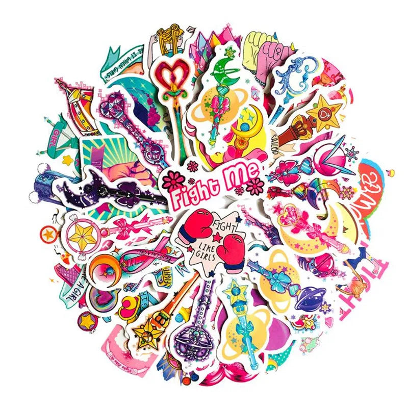 50PCS Classic Cute Girl Pink Magic Wand Graffiti Stationery Skateboard Notebook Waterproof Cartoon Stickers