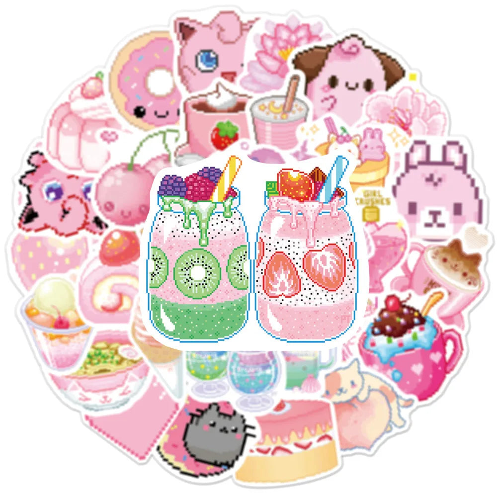 50PCSINS Style Cute Pink Pixel Cartoon Sticker Bicycle Luggage Laptop Graffiti Waterproof Sticker Toy