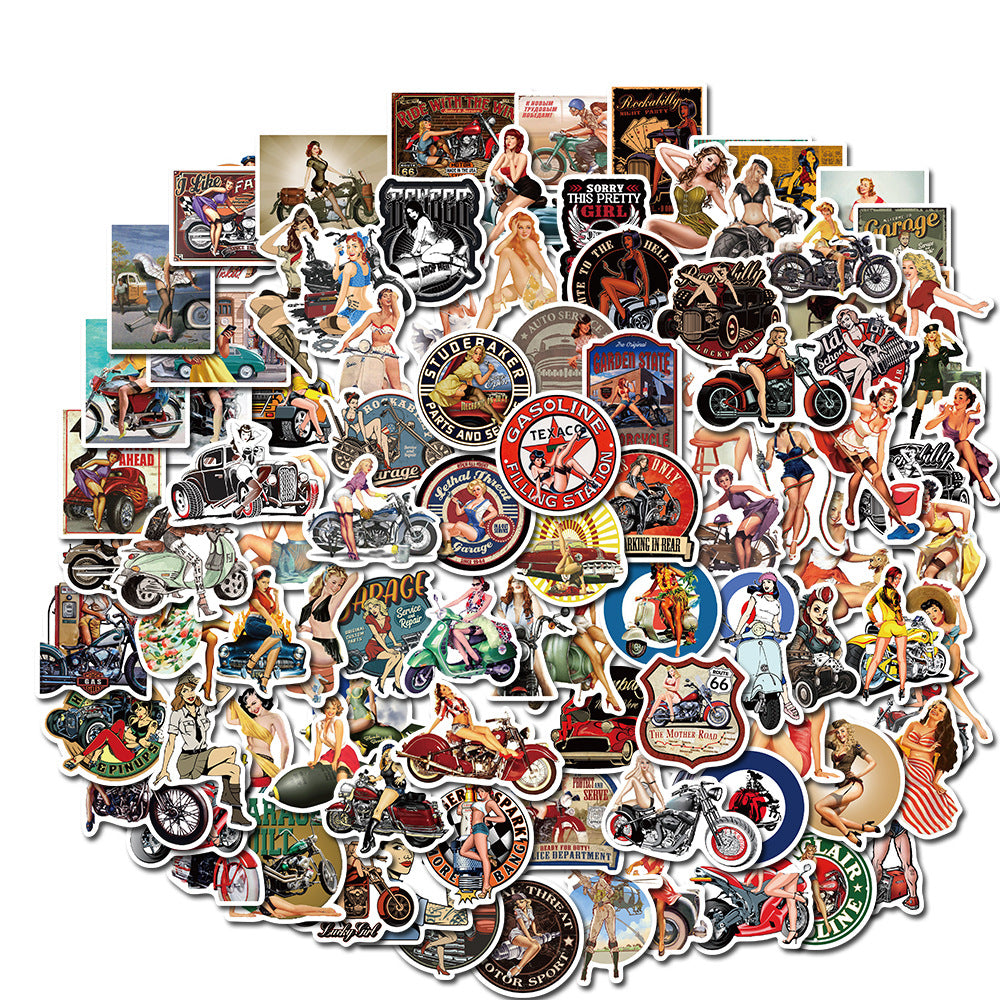 100PCS Hip-Hop Motorcycle Retro Girl Graffiti Stickers Perfect for Suitcases, Laptops, Skateboards, Water Bottles, Helmets, Stationery Boxes Exquisite DIY Desktop Decorations & Journal Stickers