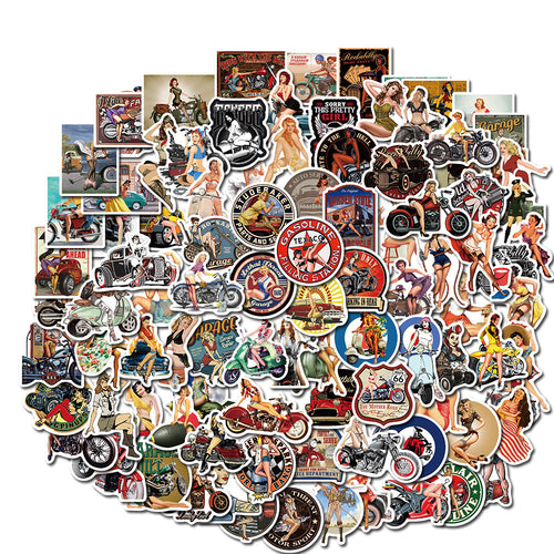 100PCS Hip-Hop Motorcycle Retro Girl Graffiti Stickers Perfect for Suitcases, Laptops, Skateboards, Water Bottles, Helmets, Stationery Boxes Exquisite DIY Desktop Decorations & Journal Stickers