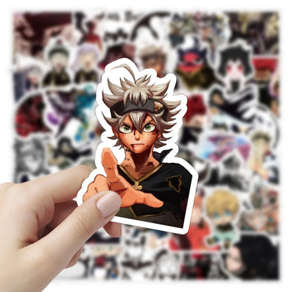 50PCS cartoon and anime black cloverleaf graffiti stickers, personalized DIY notebook suitcase sticker graffiti decoration waterproof decorative sticker toys