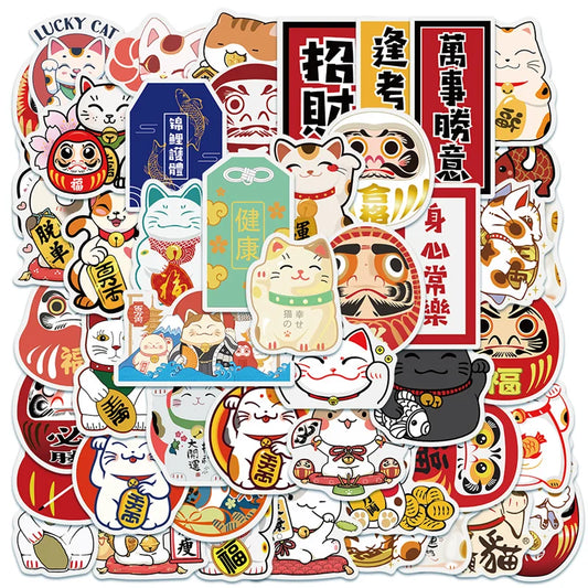 50PCS Cute Cartoon Lucky Cat Graffitinotebook's Toy Luggage Laptop Computer Mobile Phone Water Cup Refrigerator Stickers