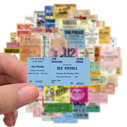 50PCS Band Retro Ticket Graffiti Sticker Personalized Decoration Luggage Water Cup Guitar Waterproof Sticker