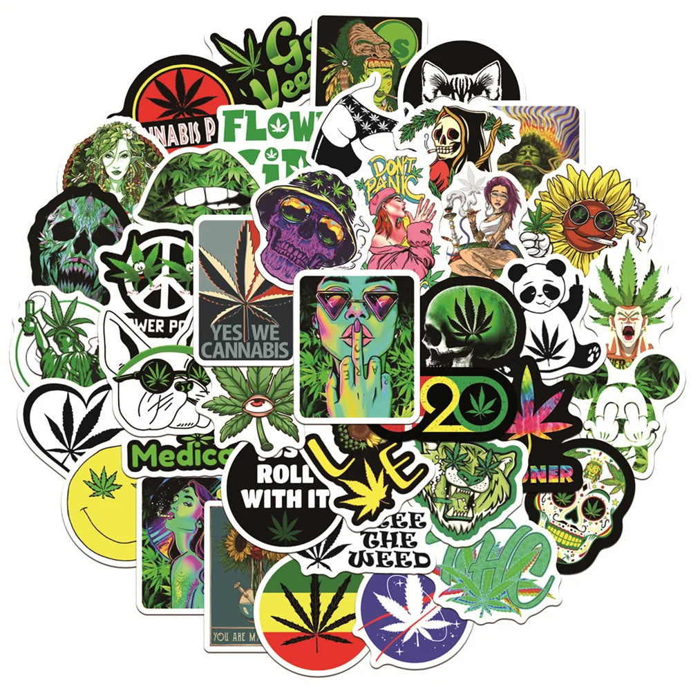 50PCS Green Hemp Leaf Graffiti Graffiti Laptop Guitar Motorcycle Luggage Skateboard Bike Waterproof Skull Sticker