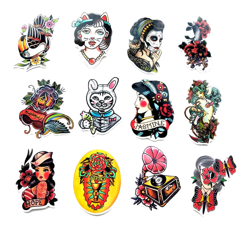 50PCS Retro Tattoo Style Graffiti Suitcase Waterproof Stickers Color Craft Guitar Computer Car Stickers