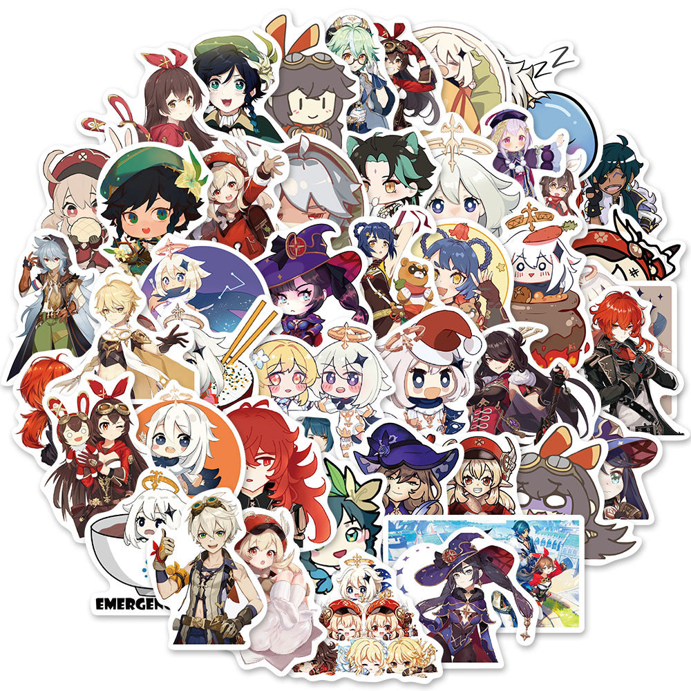 50PCS Genshin Impact Inspired Stickers, Collectible Anime Character Doodles for Fans of the Open-World Adventure