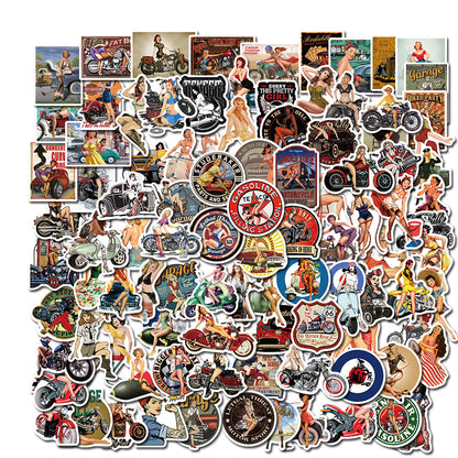 100PCS Hip-Hop Motorcycle Retro Girl Graffiti Stickers Perfect for Suitcases, Laptops, Skateboards, Water Bottles, Helmets, Stationery Boxes Exquisite DIY Desktop Decorations & Journal Stickers