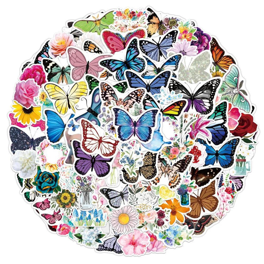 50PCS Color Butterfly Flower Graffiti Stickers Notebook Skateboard Luggage Waterproof Refrigerator Stickers