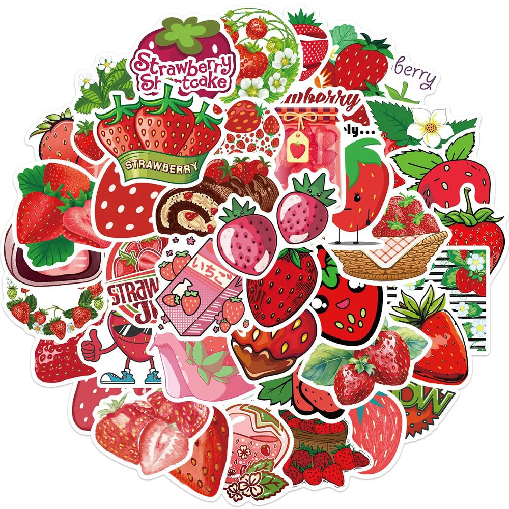 50PCS New Cartoon Strawberry Graffiti Waterproof Sticker Trunk Guitar Refrigerator Car iPad Car Water Cup Helmet