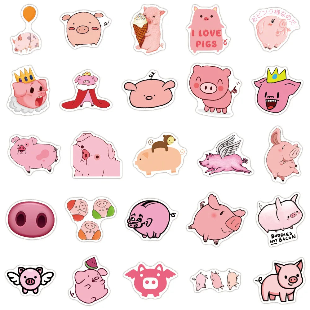 50 pieces of pink cute cartoon piglet decorative style graffiti stickers, personalized, fashionable and creative DIY exquisite decorative decal cups, helmets, skateboard popular sticker toys