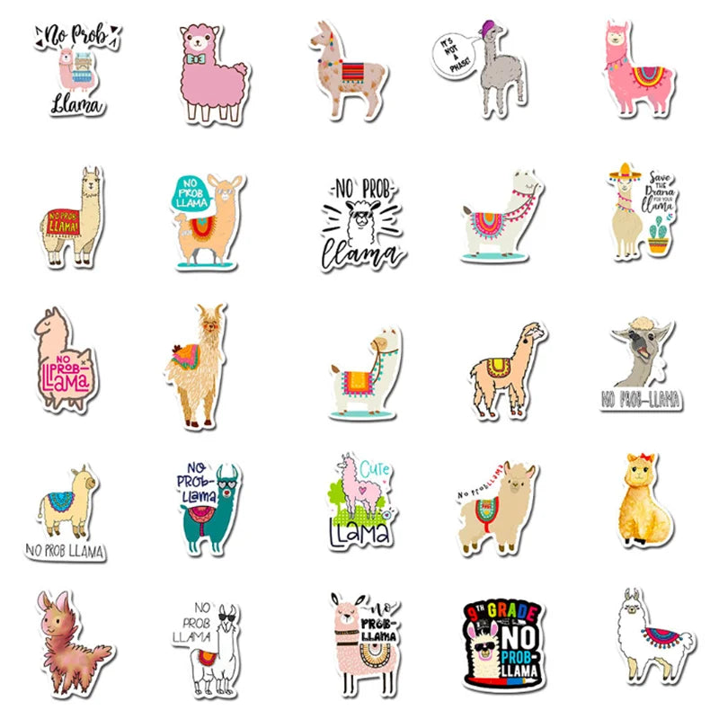 50PCS   Cartoon Animal Alpaca Mud Horse Mobile Phone Case Waterproof Graffiti Sticker Decoration