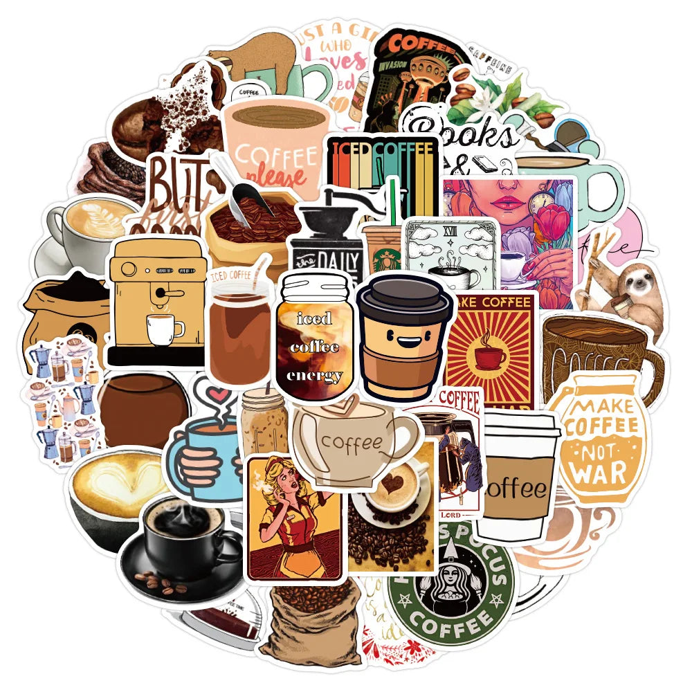 50PCS Coffee Cup Fun Graffiti Stickers Luggage Skateboard Classic Toys Laptop Kids Cartoon Stickers