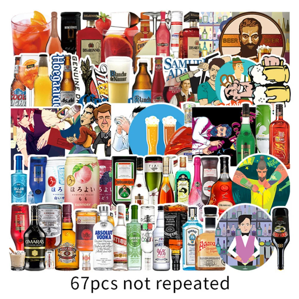 50PCS creative wine bottle cartoon graffiti stickers, suitable for DIY laptop luggage decoration waterproof sticker toys