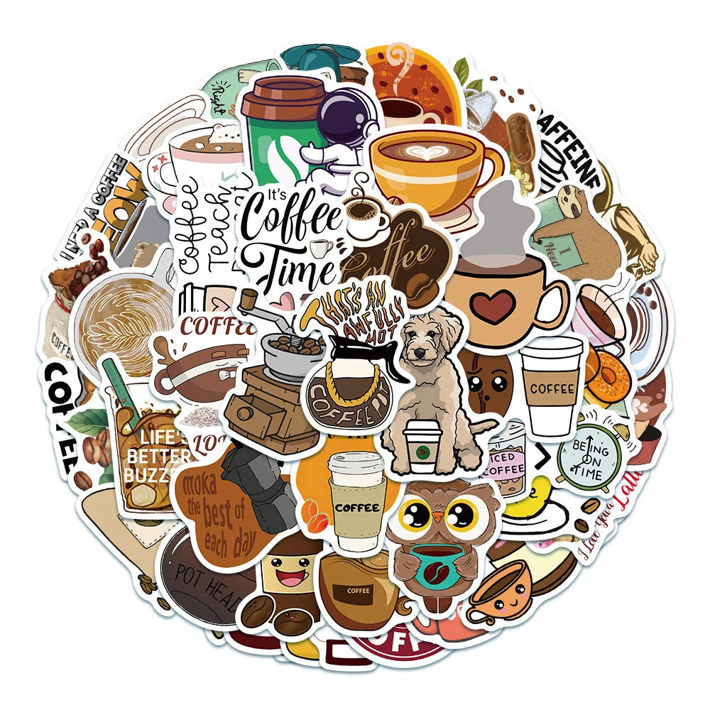 50PCS cartoon animation animal coffee art decorative style graffiti stickers, personalized fashion and creative trend DIY exquisite decorative decal cups, helmets, skateboard popular sticker toys