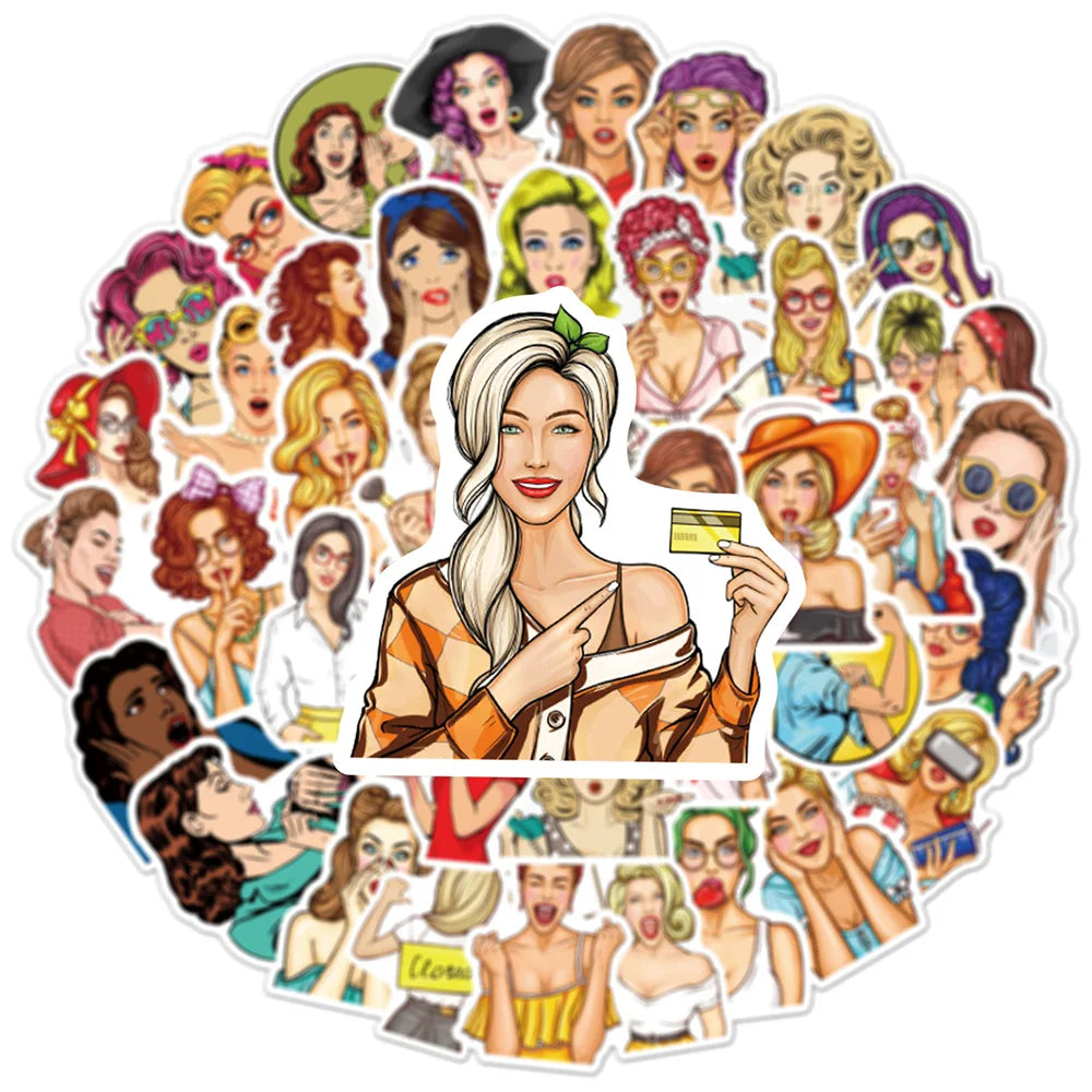 50PCS Pop Fashion Girl PVC Graffiti Sticker European and American Personality Luggage Car Trolley Guitar Sticker