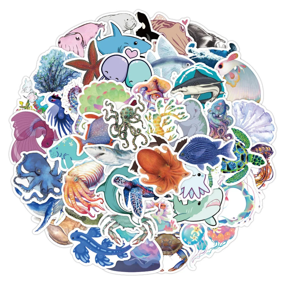 50PCS Marine Life Graffiti Sticker Waterproof Luggage Compartment Notebook Scooter Refrigerator Water Cup Sticker