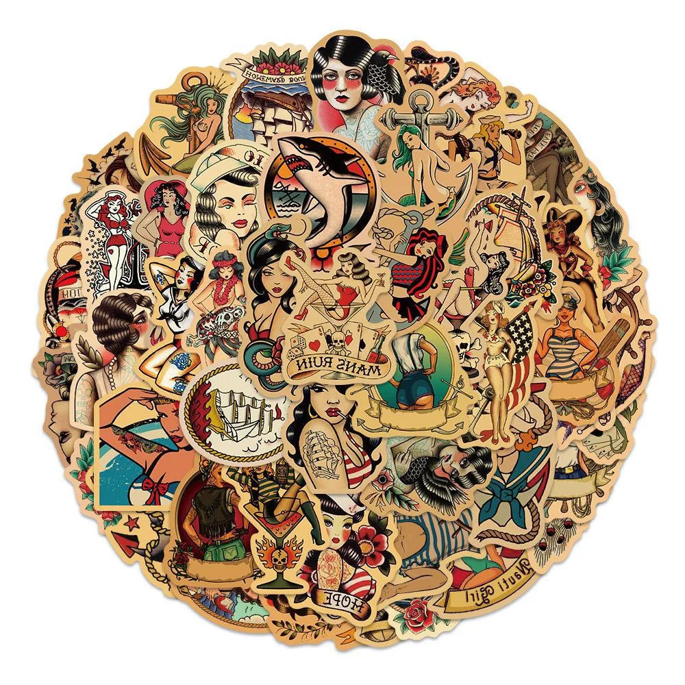 50PCS Retro Style Graffiti Beauty Personality Luggage Stickers Guitar Luggage Waterproof Stickers
