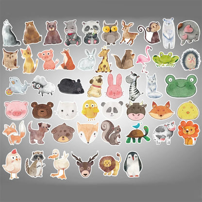50 pieces of ink-wash painting cartoon cute animal decorative style graffiti stickers, personalized, fashionable and creative DIY exquisite decorative decal cups, helmets, skateboard popular sticker toys