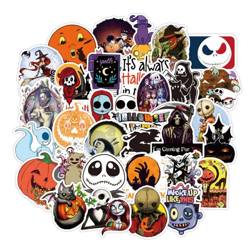 50 pieces of horror cartoon Halloween-themed graffiti stickers, personalized DIY water cups, suitcases, laptops, phone cases, skateboards, guitars, car decoration stickers and toys