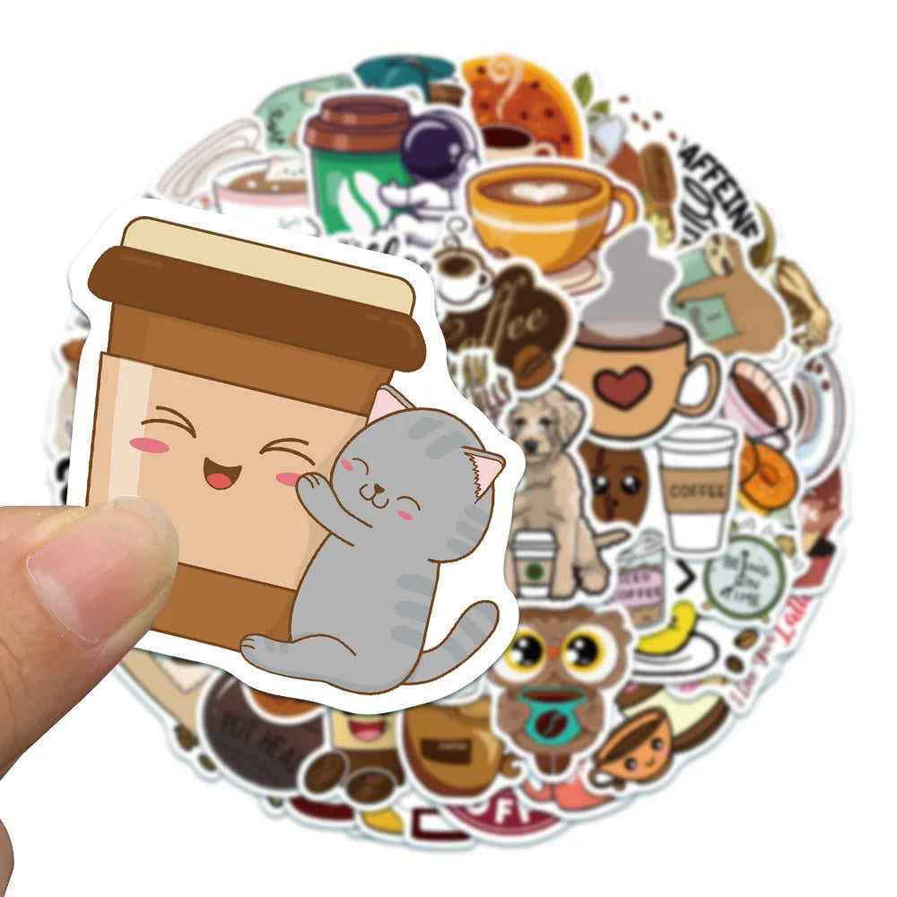 50PCS cartoon animation animal coffee art decorative style graffiti stickers, personalized fashion and creative trend DIY exquisite decorative decal cups, helmets, skateboard popular sticker toys