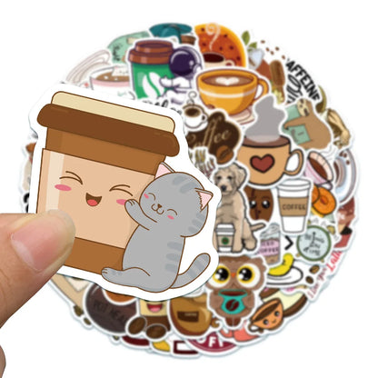 50PCS cartoon animation animal coffee art decorative style graffiti stickers, personalized fashion and creative trend DIY exquisite decorative decal cups, helmets, skateboard popular sticker toys