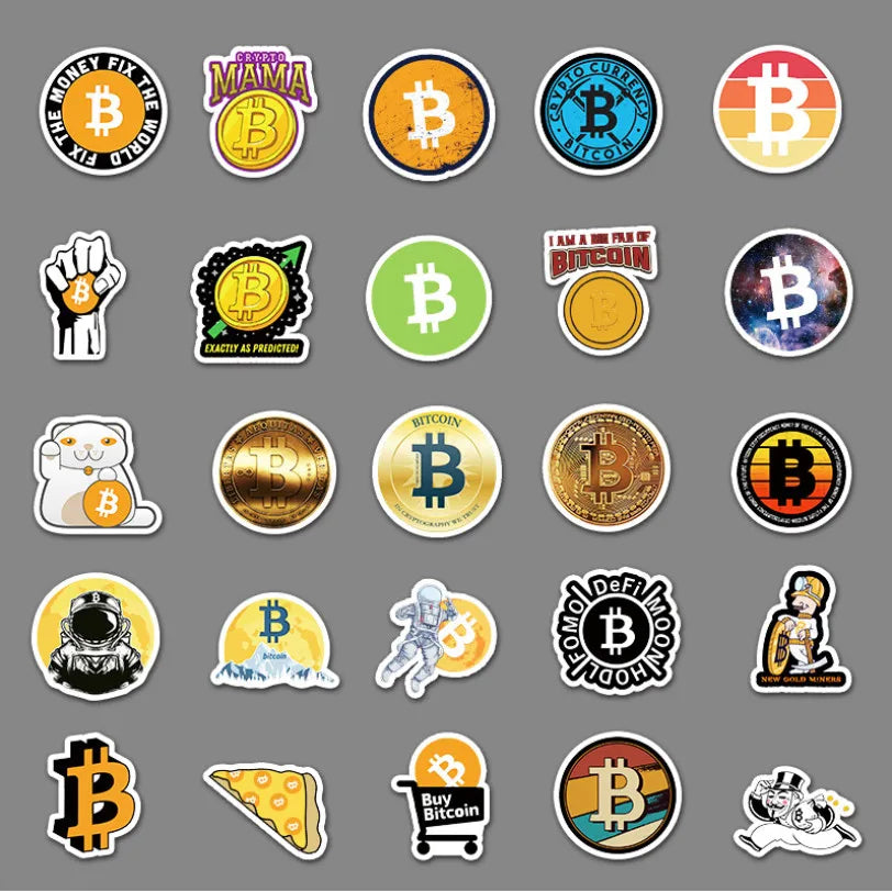 50 pieces of cute cartoon Bitcoin decorative style graffiti stickers, personalized, fashionable and creative DIY exquisite decorative decal cups, helmets, skateboard popular sticker toys