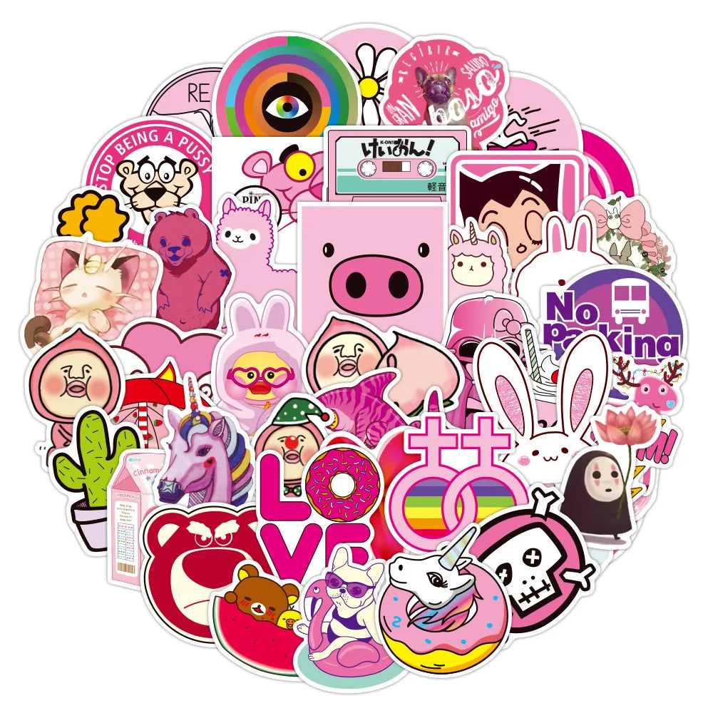 50PCS Cute Pink Cartoon Graffiti Sticker Laptop Guitar Skateboard Water Cup Mobile Phone Gift Toy Sticker