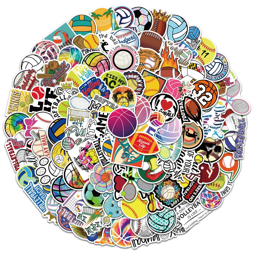100PCS Cartoon Ball Series Rugby Doodle Stickers Personalized Creative Trend Decorative Stickers Helmet Laptop Guitar Skateboard Bike Toy Gift Decals