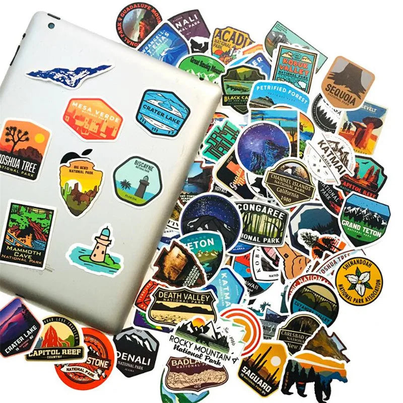 100PCS Pack Classic Cartoon Park USA Camping Outdoor Adventure Graffiti Series Decorative Style Graffiti Stickers Personalised Fashion Creative DIY Exquisite Decorative Decals Mugs Helmets Skateboards Popular Stickers Toys
