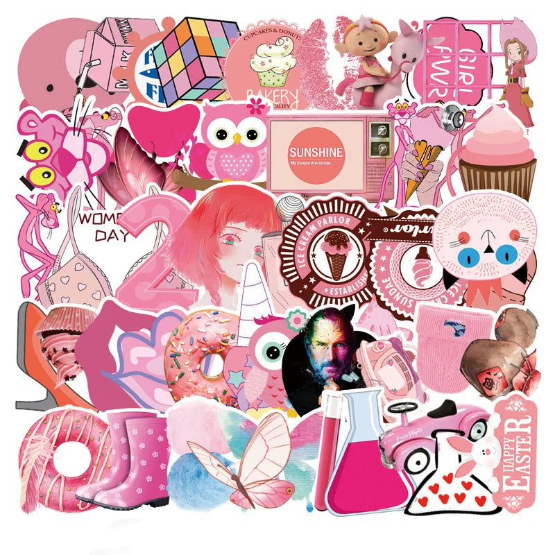 50 pieces of cute cartoon pink series graffiti stickers, personalized DIY luggage, phone cases, laptops, car and motorcycle decoration waterproof stickers toys