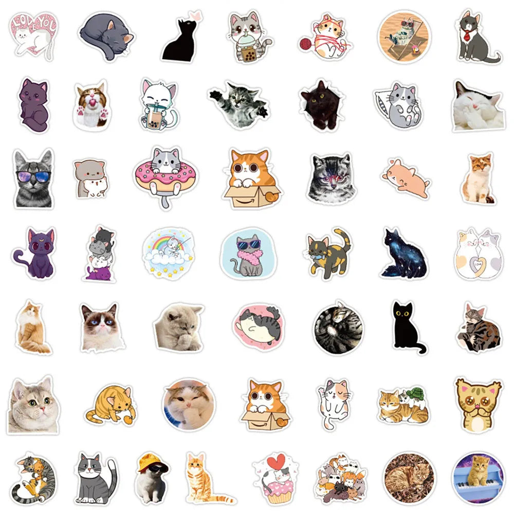 50 pieces of cartoon cute pet cat decorative style graffiti stickers, personalized, fashionable and creative DIY exquisite decorative decal cups, helmets, skateboard popular sticker toys